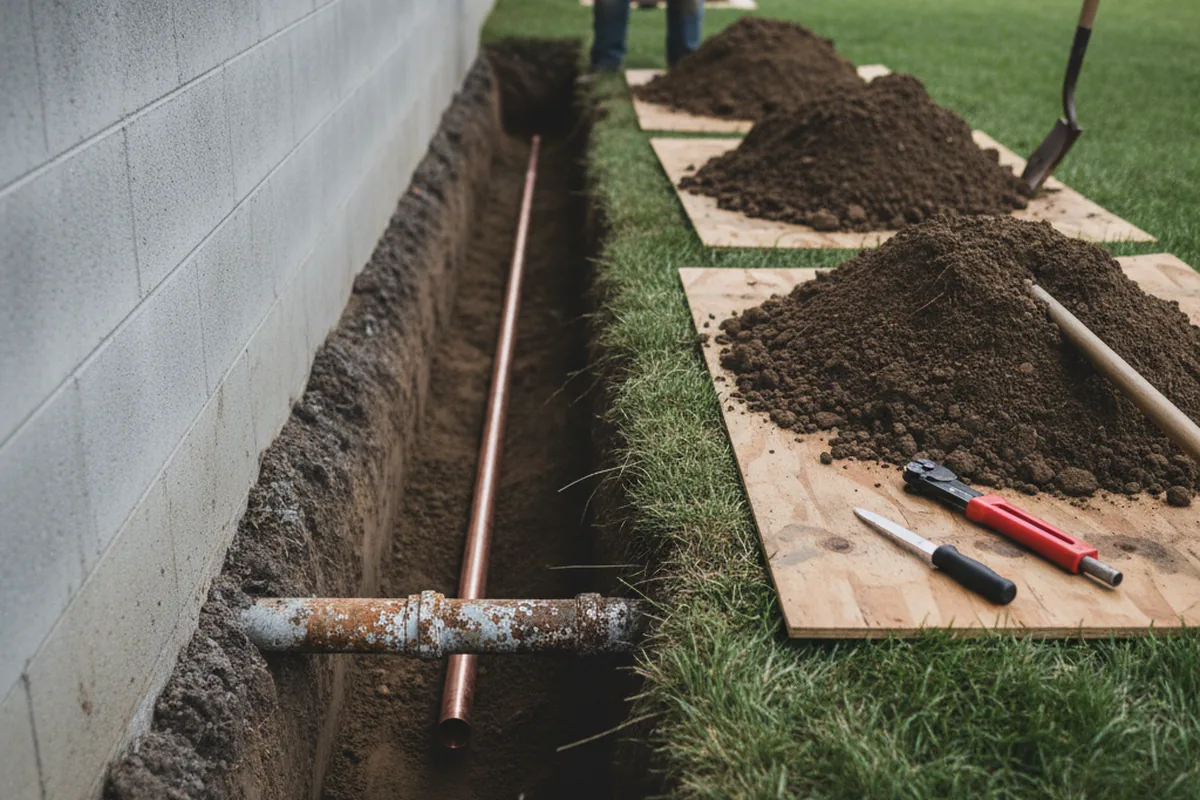 Excavated water line trench during Water Heater Repair in Wyandotte